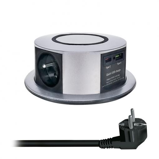 Solight 3z + USB A+C 20W PD, Wireless 10W, výsuvný blok zásuvek, 2m,  stříbrný - PP120CW-PD20