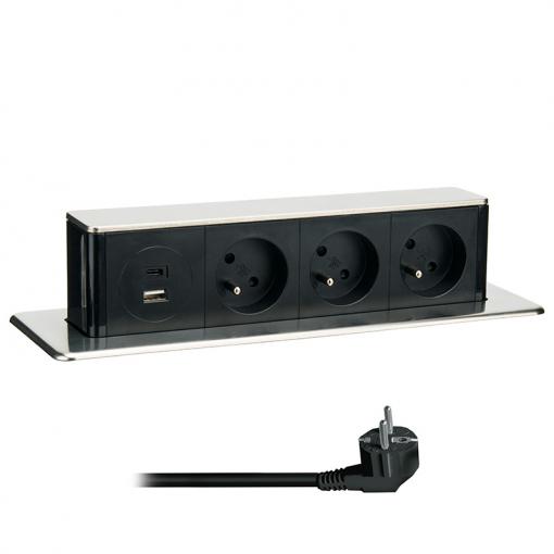 Solight 3z + USB A+C 20W PD výsuvný blok zásuvek, 2m, nerez ocel - PP126C-PD20