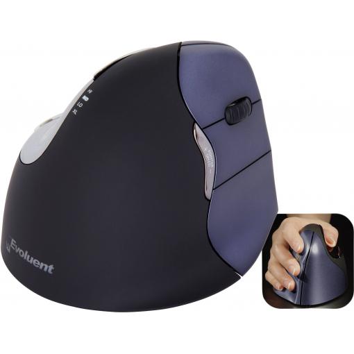 Evoluent Vertical Mouse 4 VM4RW optická ergonomická myš, přenos bezdrátový, 6 tlačítko, 2800 dpi, černá, stříbrná