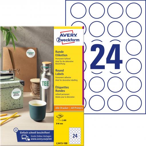 Avery-Zweckform L3415-100 Ø 40 mm papír bílá 2400 ks trvalé univerzální etikety inkoust, laser, kopie 100 listů A4
