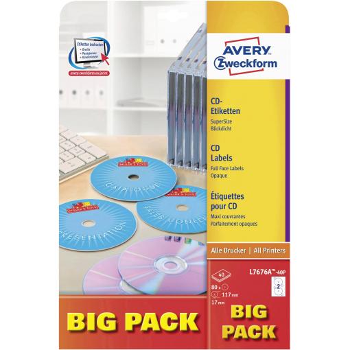 Avery-Zweckform šítek na CD/DVD L7676A-40P Ø 117 mm papír bílá 80 ks trvalé neprůhledný, lze potisknout až k otvoru inkoust, laser
