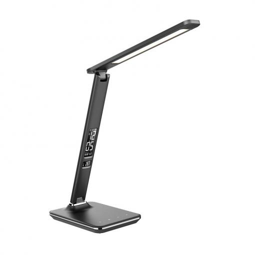Solight LED stolní lampička s displejem, 9W, volba teploty světla, kůže, černá - WO45-B