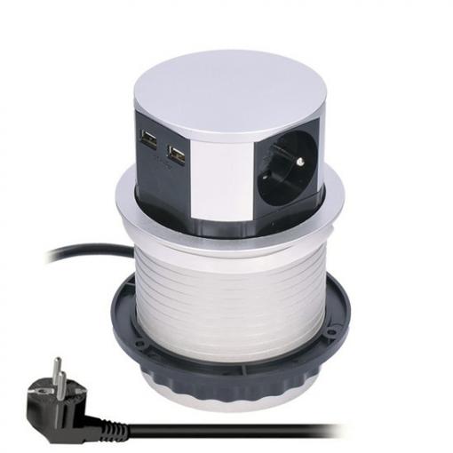 Solight výsuvný blok zásuvek, 3 zásuvky, 2x USB, kruhový tvar nízký,  prodlužovací přívod 1,5m, 3 x 1mm2, stříbrný - PP100USB