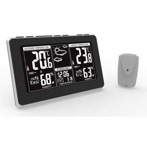Meteorologická stanice, bezdrátová, extra velký LCD, teplota, vlhkost, RCC, černá, stříbrná, teplotní alarm  TE82