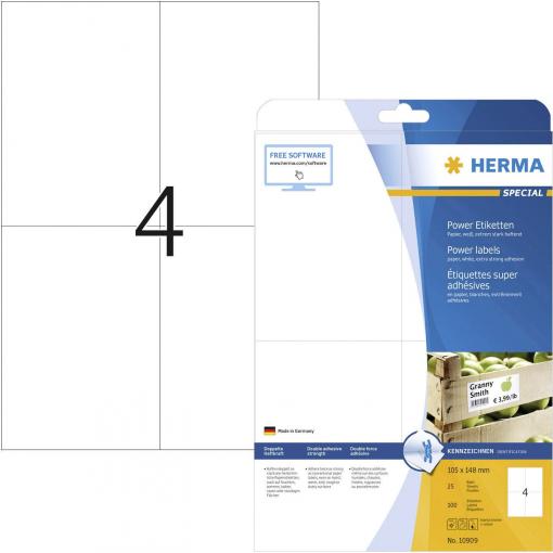 Herma 10909 etikety 105 x 148 mm papír bílá 100 ks trvalé Etikety lepící inkoust, laser, kopie 25 listů A4