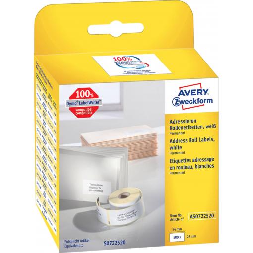 Avery-Zweckform etikety v roli kompatibilní náhradní DYMO 11352, S0722520 54 x 25 mm papír bílá 500 ks trvalé Adresní nálepky AS0722520