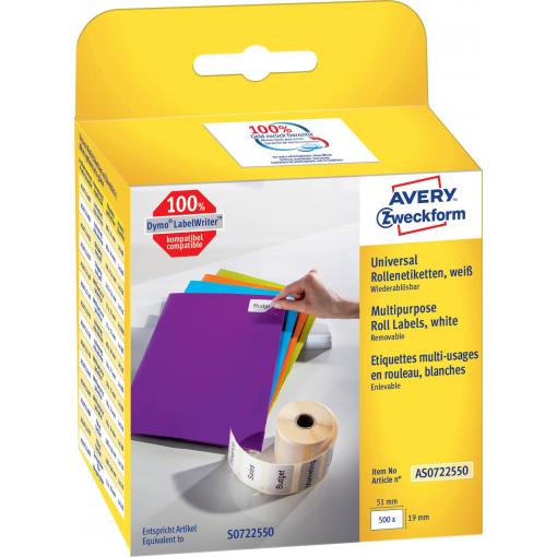 Avery-Zweckform etikety v roli kompatibilní náhradní DYMO 11355, S0722550 19 x 51 mm papír bílá 500 ks přemístitelné univerzální etikety AS0722550