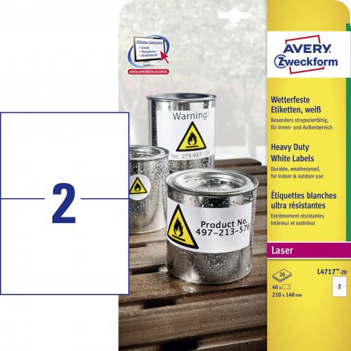 Avery-Zweckform L4717-20 Fóliové etikety 210 x 148 mm poylesterová fólie bílá 40 ks trvalé barevná laserová tiskárna, laserová tiskárna, barevná kopírka,