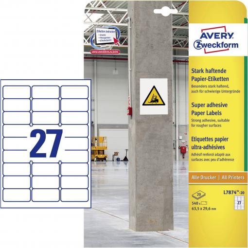 Avery-Zweckform L7874-20 Etikety lepící 63.5 x 29.6 mm papír bílá 540 ks trvalé, silné inkoustová tiskárna, laserová tiskárna, barevná laserová tiskárna,