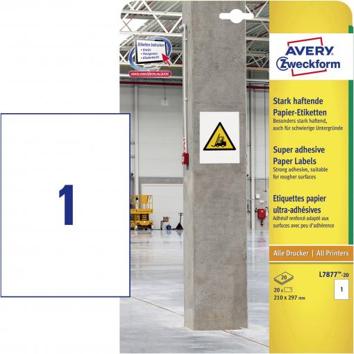 Avery-Zweckform L7877-20 Etikety lepící 210 x 297 mm papír bílá 20 ks trvalé, silné inkoustová tiskárna, laserová tiskárna, barevná laserová tiskárna, kopírka,