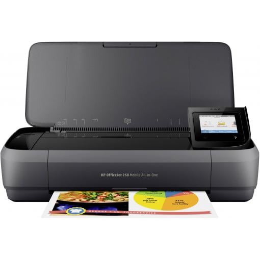 HP OfficeJet 250 All-in-One multifunkční tiskárna inkoustová barevná A4 tiskárna, skener, kopírka provoz na akumulátor, Wi-Fi, ADF