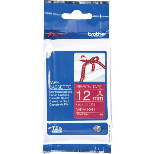 etikety Brother TZe, TZ TZe-RW34 Barva pásky: vínově červená Barva písma:zlatá 12 mm 4 m