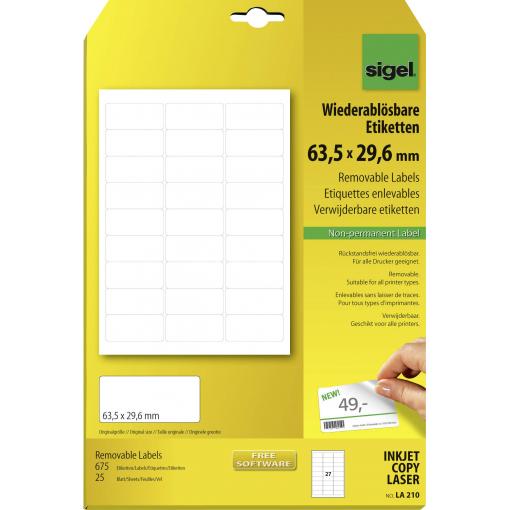 Sigel LA210 univerzální etikety 63.5 x 29.6 mm papír bílá 675 ks přemístitelné inkoustová tiskárna, laserová tiskárna, barevná laserová tiskárna, kopírka,