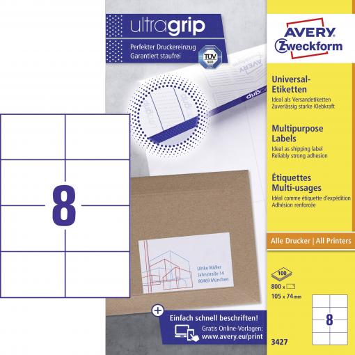 Avery-Zweckform 3427 univerzální etikety 105 x 74 mm papír bílá 800 ks trvalé inkoustová tiskárna, laserová tiskárna, barevná laserová tiskárna, kopírka,