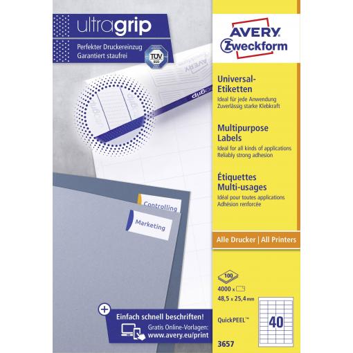 Avery-Zweckform 3657 univerzální etikety 48.5 x 25.4 mm papír bílá 4000 ks trvalé inkoustová tiskárna, laserová tiskárna, barevná laserová tiskárna, kopírka,
