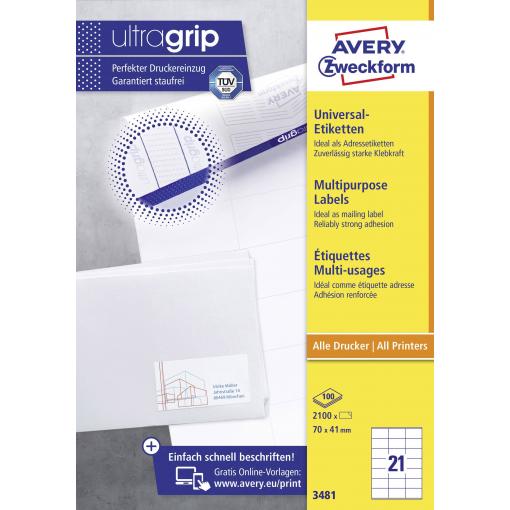 Avery-Zweckform 3481 univerzální etikety 70 x 41 mm papír bílá 2100 ks trvalé inkoustová tiskárna, laserová tiskárna, barevná laserová tiskárna, kopírka,