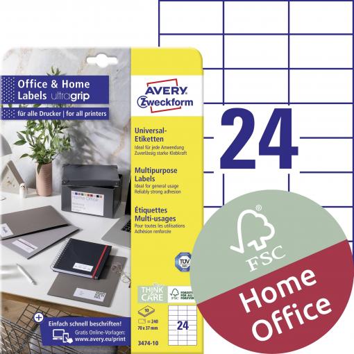 Avery-Zweckform 3474-10 univerzální etikety 70 x 37 mm papír bílá 240 ks trvalé inkoustová tiskárna, laserová tiskárna, barevná laserová tiskárna, kopírka,