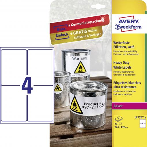Avery-Zweckform L4774-8 Fóliové etikety 99.1 x 139 mm poylesterová fólie bílá 32 ks trvalé barevná laserová tiskárna, laserová tiskárna, barevná kopírka,