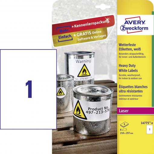 Avery-Zweckform L4775-8 Fóliové etikety 210 x 297 mm poylesterová fólie bílá 8 ks trvalé barevná laserová tiskárna, laserová tiskárna, barevná kopírka,