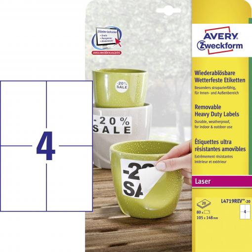 Avery-Zweckform L4719REV-20 Fóliové etikety 105 x 148 mm poylesterová fólie bílá 80 ks přemístitelné barevná laserová tiskárna, laserová tiskárna, barevná