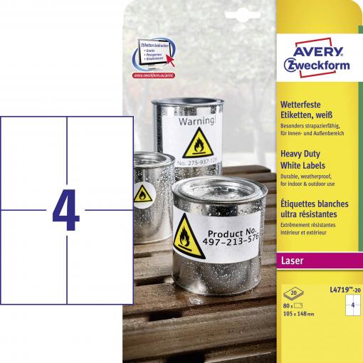Avery-Zweckform L4719-20 Fóliové etikety 105 x 148 mm poylesterová fólie bílá 80 ks trvalé barevná laserová tiskárna, laserová tiskárna, barevná kopírka,