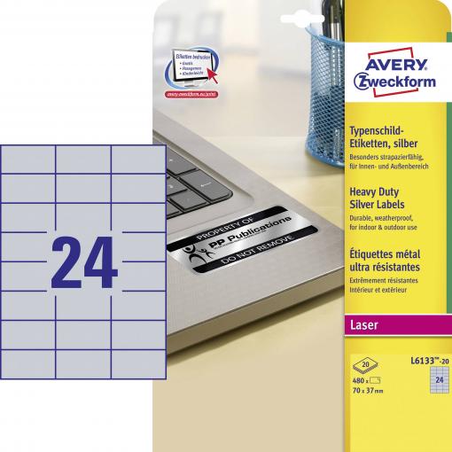 Avery-Zweckform L6133-20 typové štítky 70 x 37 mm poylesterová fólie stříbrná 480 ks trvalé laserová tiskárna, kopírka, ruční popis