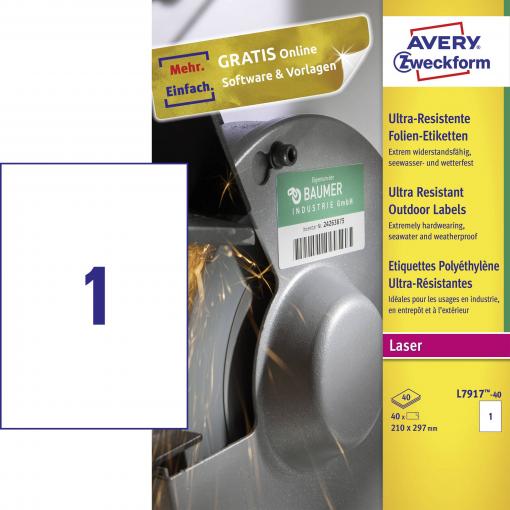Avery-Zweckform L7917-40 Fóliové etikety 210 x 297 mm polyethylenová fólie bílá 40 ks trvalé barevná laserová tiskárna, laserová tiskárna, barevná kopírka,