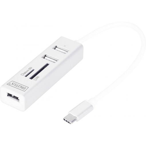 Digitus DA-70243 USB Hub 3 porty USB-A, SD, microSD USB 2.0 480 MBit/s s konektorem USB C, s hliníkovým krytem, s funkcí OTG, se zabudovanou čtečkou SD karet,