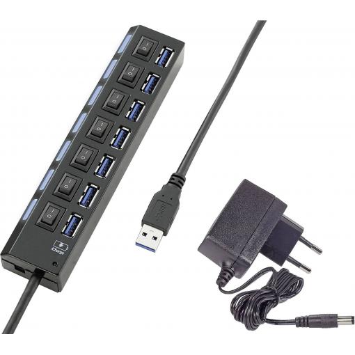 Renkforce 7 portů USB Hub lze spínat jednotlivě, se stavovými LED, s nabíjecím portem pro iPad černá
