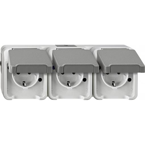 Schneider Electric 3násobný spínání ve vlhkých místnostech kompletní sada zásuvka s ochranným kontaktem se sklopným víkem AQUASTAR světle šedá MEG2391-8029 1 ks