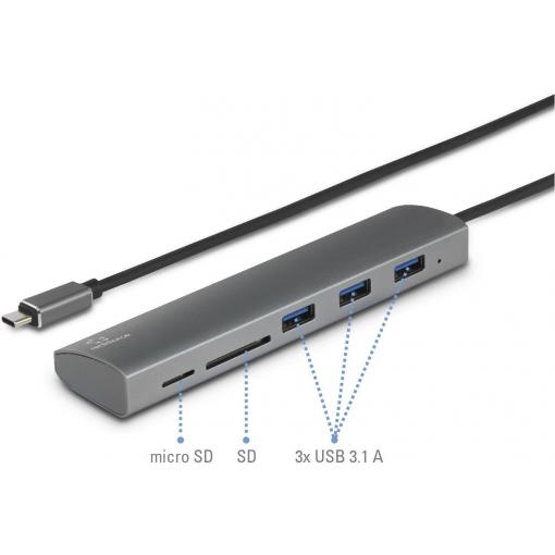 Renkforce RF-3374948 USB Hub 3 porty USB-A, SD, microSD USB 3.0 5 GBit/s se zabudovanou čtečkou SD karet, s hliníkovým krytem stříbrná
