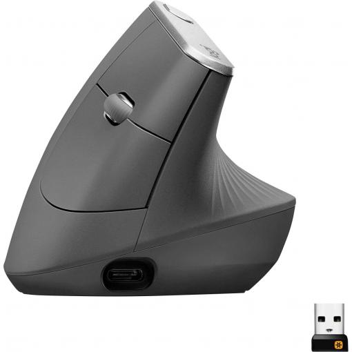 Logitech MX Vertical optická ergonomická myš, přenos Bluetooth®, bezdrátový, 4 tlačítko, 4000 dpi, černá, stříbrná