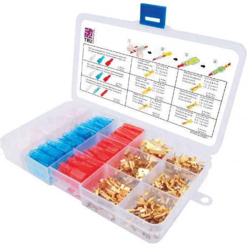 TRU COMPONENTS T1809C019 sortiment plochých zástrček červená, modrá, transparentní, mosaz 320 díly