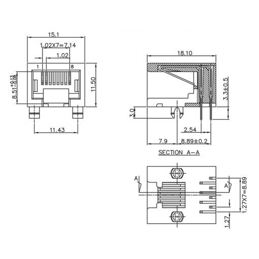 encitech RJJU-88-142-E3H-033, 3253-0025-02, konektor RJ, RJ45, CAT 5, piny:8P8C, 1 ks