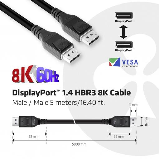 club3D DisplayPort kabel Konektor DisplayPort, Konektor DisplayPort 5.00 m černá CAC-1061 8K UHD Kabel DisplayPort