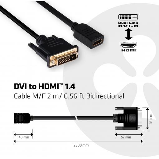 club3D DVI / HDMI kabelový adaptér DVI-D 24+1pol. Zástrčka, Zásuvka HDMI-A 2.00 m černá CAC-1211 DVI kabel