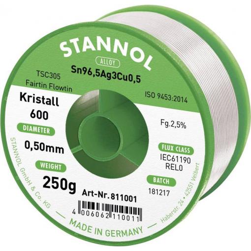Stannol Kristall 600 Fairtin bezolovnatý pájecí cín bez olova Sn96,5Ag3Cu0,5 REL0 250 g 0.5 mm