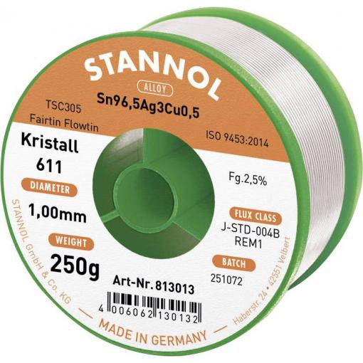 Stannol Kristall 611 Fairtin bezolovnatý pájecí cín bez olova Sn96,5Ag3Cu0,5 REM1 250 g 1 mm