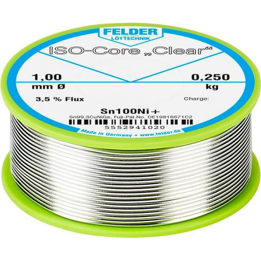 Felder ISO-Core Clear Sn100Ni+ bezolovnatý pájecí cín cívka Sn99,25Cu0,7Ni0,05 0.250 kg 1 mm