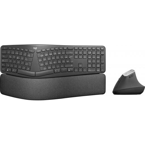 Logitech Ergo K860 + MX Vertical bezdrátový sada klávesnice a myše ergonomická, podložka pod zápěstí německá, QWERTZ černá