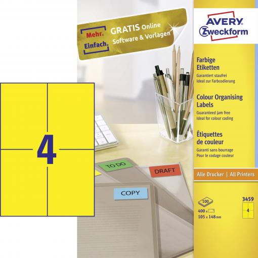 Avery-Zweckform 3459 univerzální etikety 105 x 480 mm papír žlutá 400 ks trvalé inkoustová tiskárna, laserová tiskárna, barevná laserová tiskárna, kopírka,
