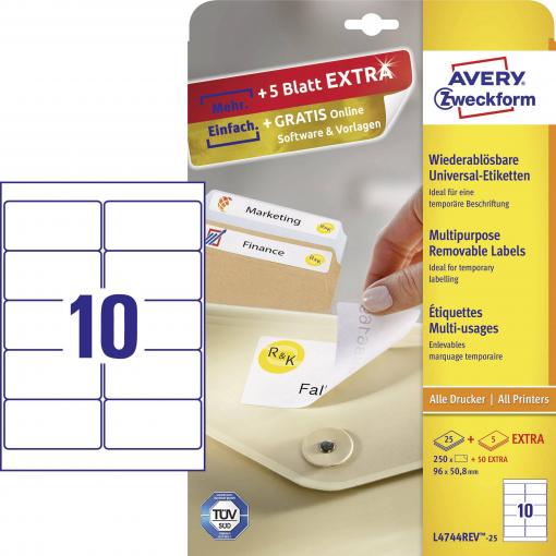 Avery-Zweckform L4744REV-25 96 x 50.8 mm papír bílá 300 ks přemístitelné univerzální etikety inkoust, laser, kopie 30 listů A4