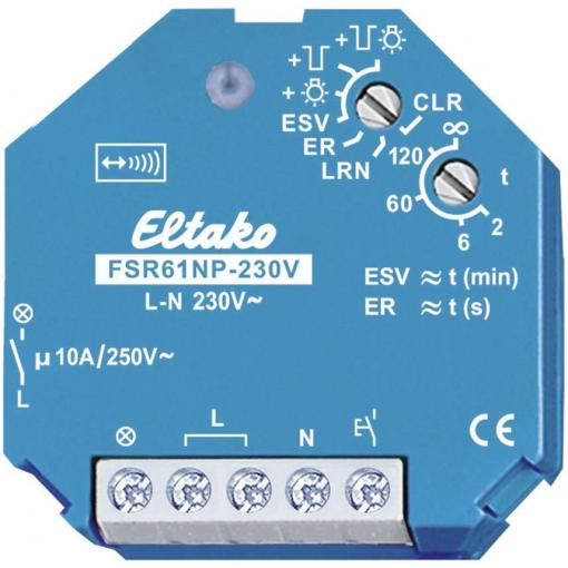 FSR61NP-230V Eltako bezdrátový spínač pohonu spínač proudového impulsu 1kanálový pod omítku Spínací výkon (max.) 2000 W Max. dosah 100 m