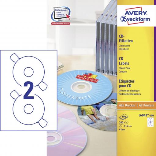 Avery-Zweckform L6043-100 Štítky CD Ø 117 mm papír bílá 200 ks trvalé inkoustová tiskárna, laserová tiskárna, barevná laserová tiskárna, kopírka, barevná