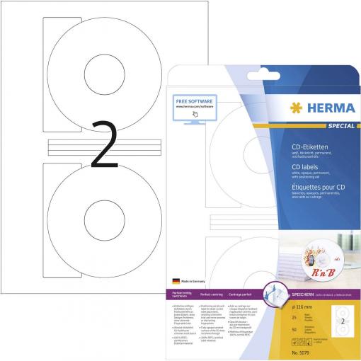 Herma 5079 Štítky CD Ø 116 mm papír bílá 50 ks trvalé inkoustová tiskárna, laserová tiskárna, barevná laserová tiskárna, kopírka, barevná kopírka, ruční popis