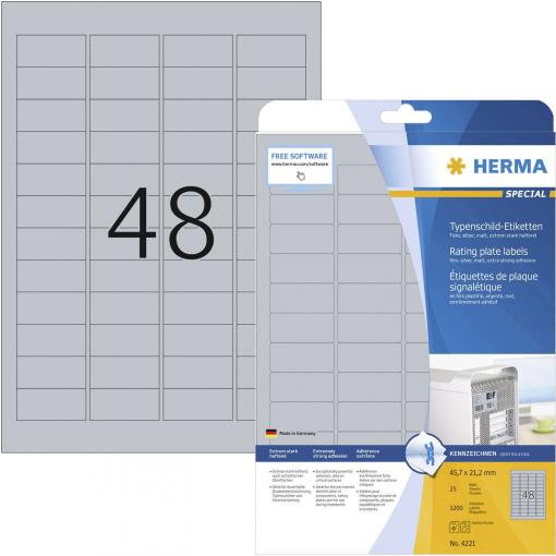 Herma 4221 typové štítky 45.7 x 21.2 mm poylesterová fólie stříbrná 1200 ks trvalé laserová tiskárna, kopírka, ruční popis