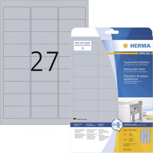 Herma 4222 typové štítky 63.5 x 29.6 mm poylesterová fólie stříbrná 675 ks trvalé laserová tiskárna, kopírka, ruční popis