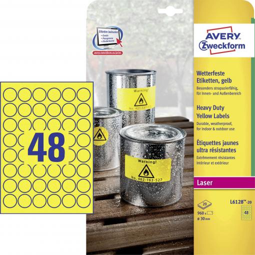 Avery-Zweckform L6128-20 Fóliové etikety Ø 30 mm poylesterová fólie žlutá 960 ks trvalé barevná laserová tiskárna, laserová tiskárna, barevná kopírka, kopírka,