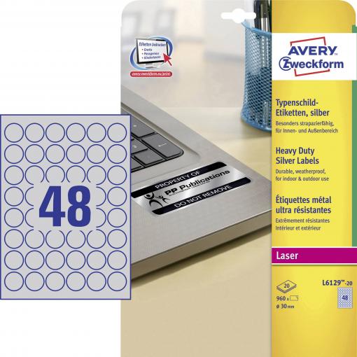 Avery-Zweckform L6129-20 typové štítky Ø 30 mm poylesterová fólie stříbrná 960 ks trvalé laserová tiskárna, kopírka, ruční popis