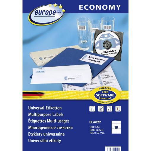 Europe 100 ELA022 univerzální etikety 105 x 57 mm papír bílá 1000 ks trvalé inkoustová tiskárna, laserová tiskárna, barevná laserová tiskárna, kopírka, barevná